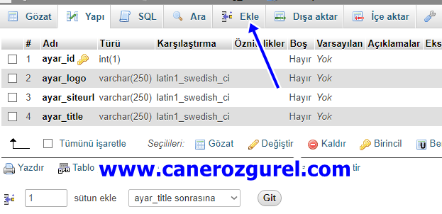 PHPMyAdmin veri ekleme ekranı